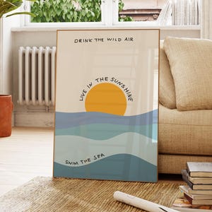 Impresión de pared de olas del océano, arte de playa minimalista, póster de puesta de sol en la costa, decoración de surf boho, impresión estética de verano, arte con cita de playa, arte náutico