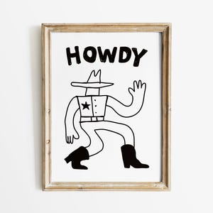 Disegno di cowboy eccentrico, stampa artistica di "Howdy Western", disegno minimalista di cowboy, poster western divertente, illustrazione di cowboy, arredamento western per la casa