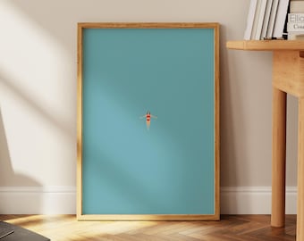Minimalist Swimming Girl Art Print: Serene Blue Pool Poster