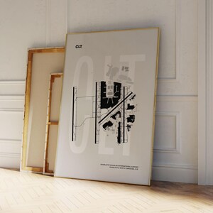 Minimalist black and white map poster of Charlotte Douglas International Airport, showcasing the layout of runways and terminals.