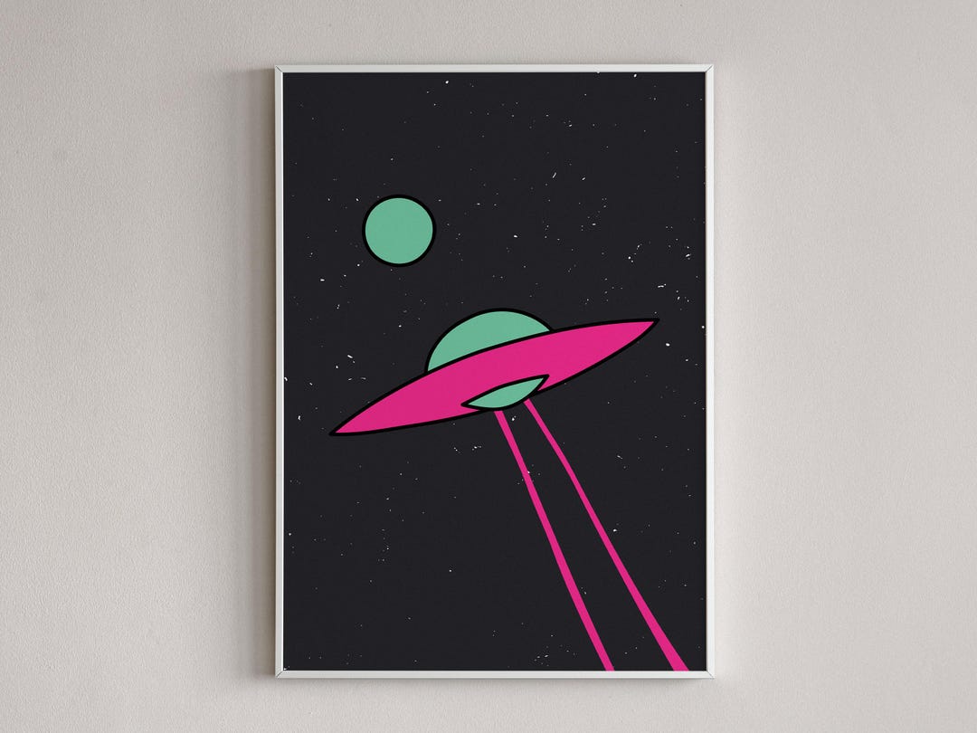 Retro Space Art Print, UFO Wall Art, Alien Spaceship Poster, Cosmic ...