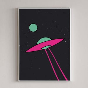 Retro Space Art Print, UFO Wall Art, Alien Spaceship Poster, Cosmic Illustration, Outer Space Decor, Abstract Sci-Fi Art, Pop Art Print