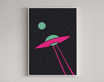 Lámina artística retro de ovnis: nave espacial extraterrestre rosa, decoración cósmica de ciencia ficción