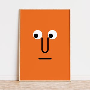 Ilustración de rostro peculiar, impresión de arte abstracto, póster de rostro minimalista, obra de arte en naranja llamativo, póster de arte pop divertido, decoración del hogar, descarga digital