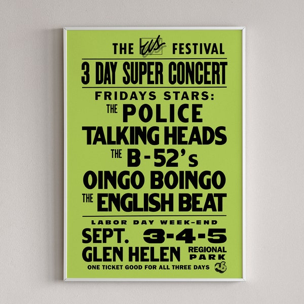 The US Festival 1982 Poster, Vintage Festival Print, Lineup Wall Art, Oldschool Decor, Retro Music Festival, Green Art Print, Glen Helen