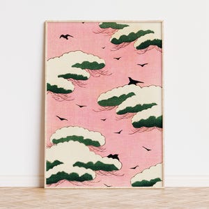 Cartel del cielo rosa, impresión de arte japonés, Watanabe Seitei, arte Ukiyo-e, decoración de la pared asiática, ilustración clásica, arte del cielo sereno, arte en madera