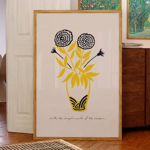 Impresión de arte floral de temporada, decoración botánica, ilustración floral, dibujo de líneas florales, póster de jarrón minimalista, arte mural, descarga digital