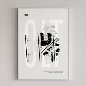 Minimalist black and white map poster of Charlotte Douglas International Airport, showcasing the layout of runways and terminals.