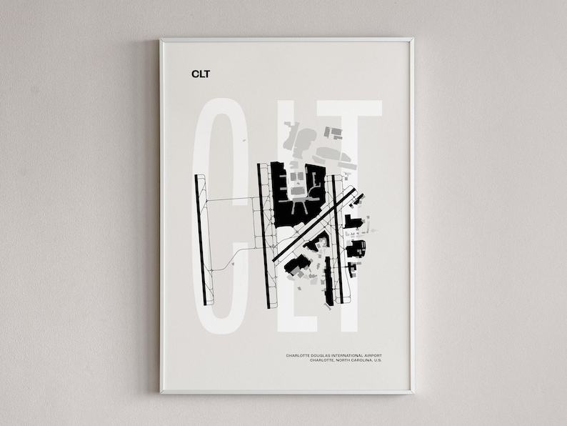 Minimalist black and white map poster of Charlotte Douglas International Airport, showcasing the layout of runways and terminals.