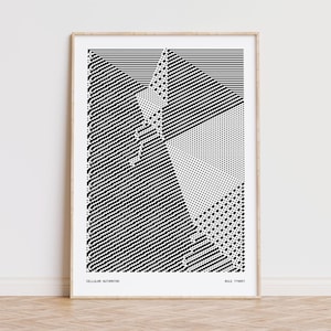 Op de afbeelding: Een ingelijste zwart-wit geometrische kunstprint. Het kunstwerk toont een complex patroon van lijnen, stippen en vormen, waardoor een dynamisch visueel effect ontstaat. De tekst "CELLULAR AUTOMATON" en "RULE 774857" staan onderaan afgedrukt.