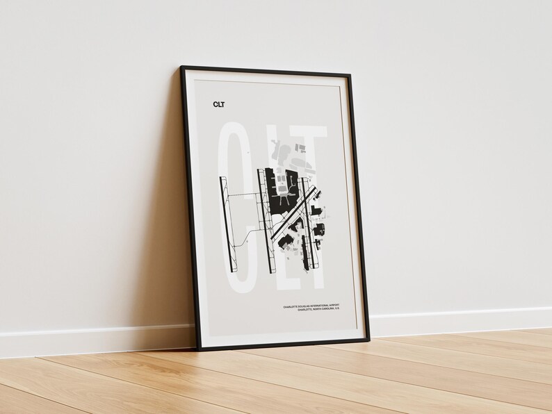 Minimalist black and white map poster of Charlotte Douglas International Airport, showcasing the layout of runways and terminals.