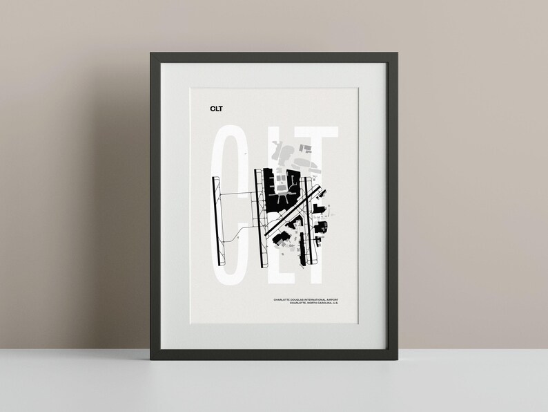 Minimalist black and white map poster of Charlotte Douglas International Airport, showcasing the layout of runways and terminals.
