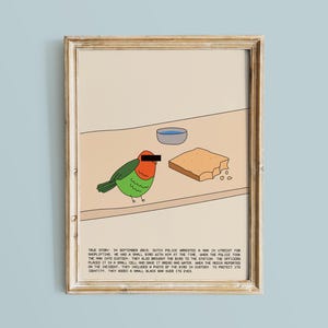 Pájaro arrestado por la policía holandesa, impresión artística de un pájaro divertido, ilustración peculiar, póster humorístico minimalista, dibujo animado, arte lúdico y caprichoso.