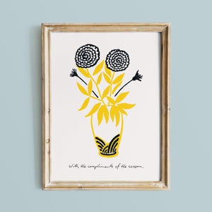 Lámina floral de temporada, decoración botánica, ilustración floral, dibujo lineal de flores, póster minimalista de jarrón, obra de arte en amarillo y negro.