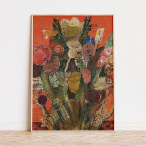 Könnte beinhalten: Ein Gemälde mit einem Blumenstrauß in verschiedenen Rot-, Rosa-, Gelb- und Grüntönen. Die Blumen sind in einer Vase arrangiert und vor einem leuchtend orangenen Hintergrund platziert.