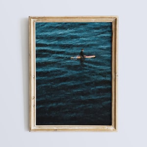 Minimalist Surfer Oil Painting, Serene Ocean Wall Art, Floating Surfer On Water, Calm Surf Art Print, Calming Wall Decor, Neutral Home Decor