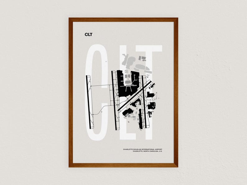 Minimalist black and white map poster of Charlotte Douglas International Airport, showcasing the layout of runways and terminals.