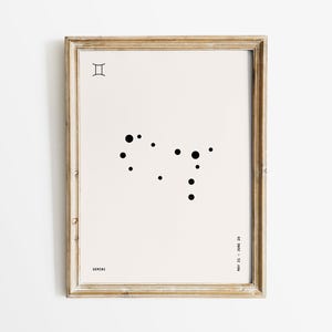 Gemini Zodiac Star Map Print, Gemini Minimalist Astrology Art, Zodiac Sign Poster, Gemini Constellation Wall Art, Modern Horoscope Decor