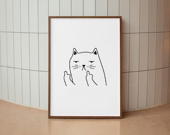 Impresión artística de gato descarado con el dedo medio: Póster minimalista de gato (descarga digital)