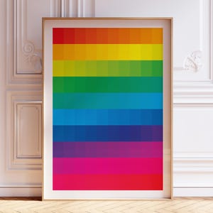 レインボーグリッドアートプリント、モダンなカラースペクトル、幾何学的なピクセルデザイン（デジタルダウンロード）