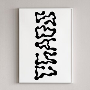 May include: Black and white abstract art print with a vertical design of organic shapes. The shapes are reminiscent of dripping paint or melting wax.