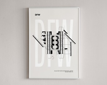 Art de l'aéroport de Dallas, impression d'aviation de Fort Worth, plan de l'aéroport du Texas, impression de carte de l'aéroport DFW, affiche d'aviation minimaliste, art de voyage du Texas