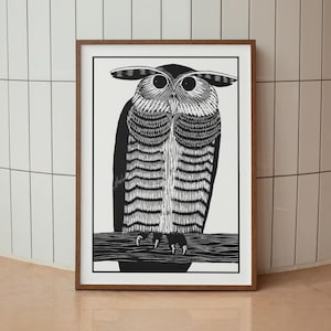 Horned Owl Art Print, Owl Illustration Poster, Black and White Animal Art, Woodcut Art Print, Vintage Nature Poster, Digital Download