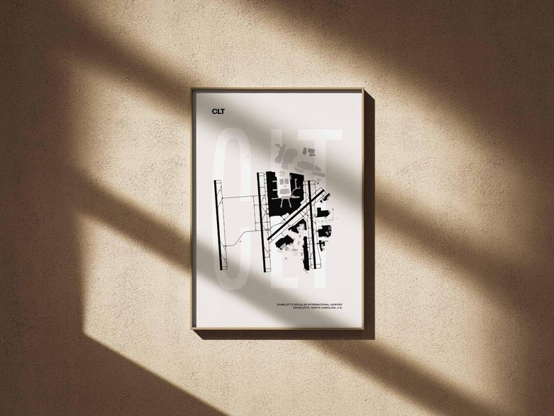 Minimalist black and white map poster of Charlotte Douglas International Airport, showcasing the layout of runways and terminals.