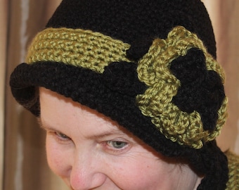 Irish Lass Black Cloche Hat With Green Hatband and Flower Crochet Pattern