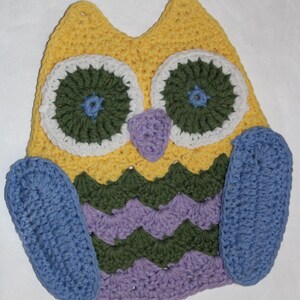 May include: A crocheted owl with yellow, green, purple, and blue yarn. The owl has large eyes with white and green yarn. The owl's wings are blue.