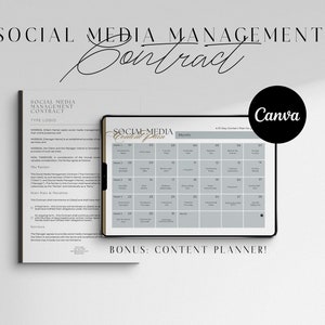 Può includere: Un modello di contratto di gestione dei social media con un calendario di pianificazione dei contenuti grigio e bianco. Il calendario è etichettato "Social Media Content Plan" e ha un piano di contenuti di 30 giorni per il mese. Il modello di contratto è etichettato "Social Media Management Contract" e ha il testo "Type Logo" nella parte superiore. L'immagine include anche il testo "Canva" e "BONUS: CONTENT PLANNER!"
