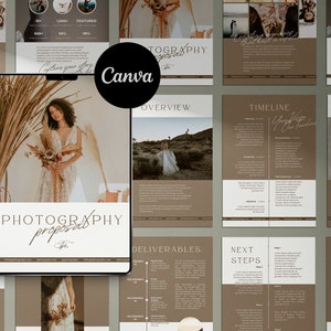 May include: A photography proposal template with a brown background and white text. The template includes sections for an overview, timeline, deliverables, next steps, and packages. The template also features a photo of a bride in a white dress.