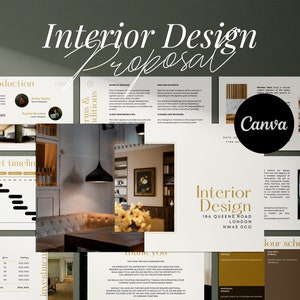 May include: Interior design proposal presentation with a gold and white color scheme. The presentation includes a project timeline, a team introduction, and a color scheme.
