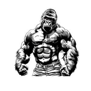 May include: A black and white illustration of a muscular gorilla with a serious expression. The gorilla is wearing jeans and has a defined six-pack.