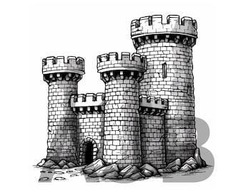 Puede incluir: Una ilustración en blanco y negro de un castillo de piedra con tres torres. El castillo está rodeado de rocas y tiene una pequeña entrada.