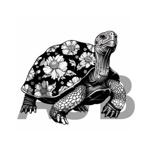May include: A black and white illustration of a tortoise with a shell covered in floral designs. The tortoise is walking forward with its head raised.