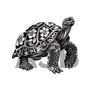 May include: Black and white illustration of a turtle with a floral pattern on its shell. The turtle is walking forward with its head raised.