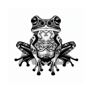 May include: Black and white illustration of a frog with intricate patterns on its body. The frog is sitting on its hind legs with its front legs outstretched.