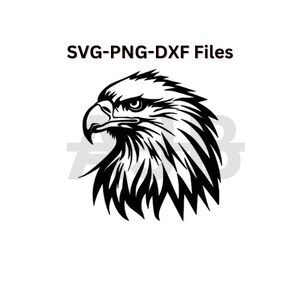 May include: Black and white silhouette of an eagle's head with a fierce expression. The eagle's feathers are detailed and the beak is sharp. SVG-PNG-DXF Files.