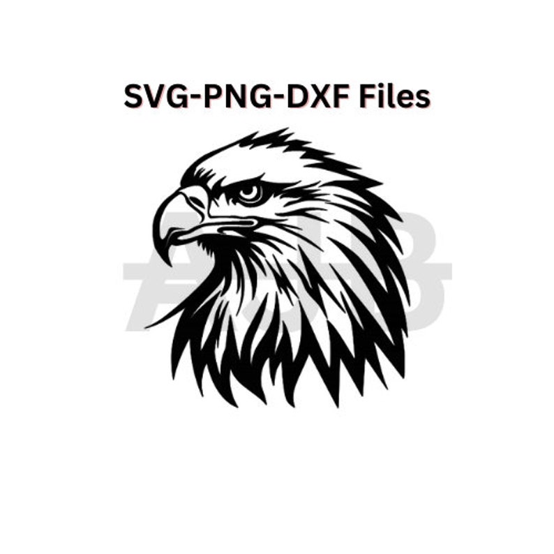 May include: Black and white silhouette of an eagle's head with a fierce expression. The eagle's feathers are detailed and the beak is sharp. SVG-PNG-DXF Files.
