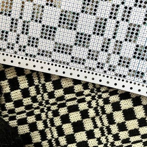 Peut inclure: Gros plan sur un patron de tricot et un tissu tricoté. Le patron est une carte blanche avec des points noirs disposés en grille. Le tissu en dessous présente un motif en damier noir et blanc, tricoté.