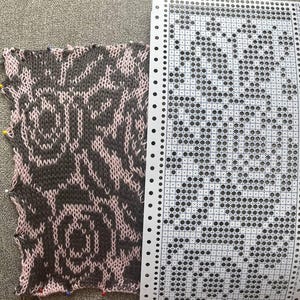 Può includere: Un pezzo di maglia parzialmente completato con un motivo a rose in grigio e rosa, fissato con spilli. Un diagramma di maglia bianco con fori perforati è posizionato accanto al tessuto, per aiutare nell'esecuzione del disegno. Il progetto è su una superficie grigia.