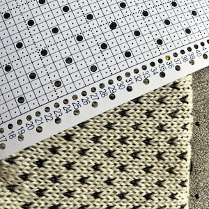 Puede incluir: Primer plano de un proyecto de tejido con un diseño blanco y negro. Un gráfico de tejido de plástico blanco con puntos negros y números del 17 al 41 se coloca sobre la tela tejida. El proyecto está sujeto a una superficie gris.