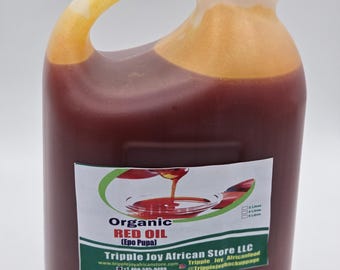 May include: A red plastic jug filled with red palm oil. The label reads "Organic Red Oil (Epo Pupa)" and includes the company name "Tripple Joy African Store LLC" with contact information and social media handles.