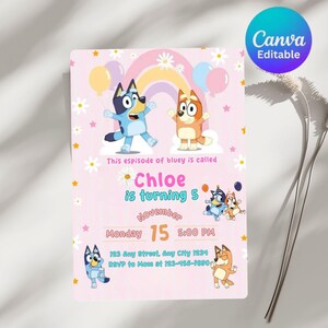 Faire-part d'anniversaire chien bleu deux yeux, faire-part d'anniversaire fille ballon marguerite rose chien bleu, faire-part fille thème chien bleu