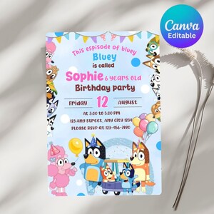 Invito di compleanno Bluey, invito per festa di compleanno per ragazza, invito per festa di compleanno Bluey Canva modificabile, regali di compleanno, biglietti di auguri per la famiglia