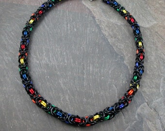 Chainmaille Choker, Rainbow Chainmail Jewelry, LGBTQ Pride Necklace, 13 1/2" Length, Black and Rainbow, Byzantine Weave