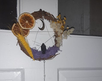 Pentacle Wreath, Crescent Moon, Larvikite Tower, Orange and Wheat, Dried Flowers, Grapevine Wreath, Pagan Decor, Witch Gift