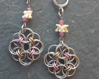 Chainmaille Earrings, Helm Weave, Pink and Champagne, Pagan Jewelry, Pink Tourmaline, Foraged Snake Vertebrae, Aluminum Chainmail