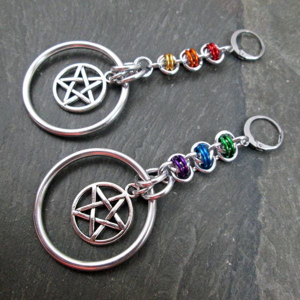 Earrings for Tunnels, Rainbow Pentacles, Pagan Chainmaille Jewelry, LBGTQ Pride, Handfasting Accessories, Wiccan Gift